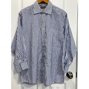 Michael Kors Mens Dress Shirt Blue White Striped Cotton Long Sleeve XL 17 32/33